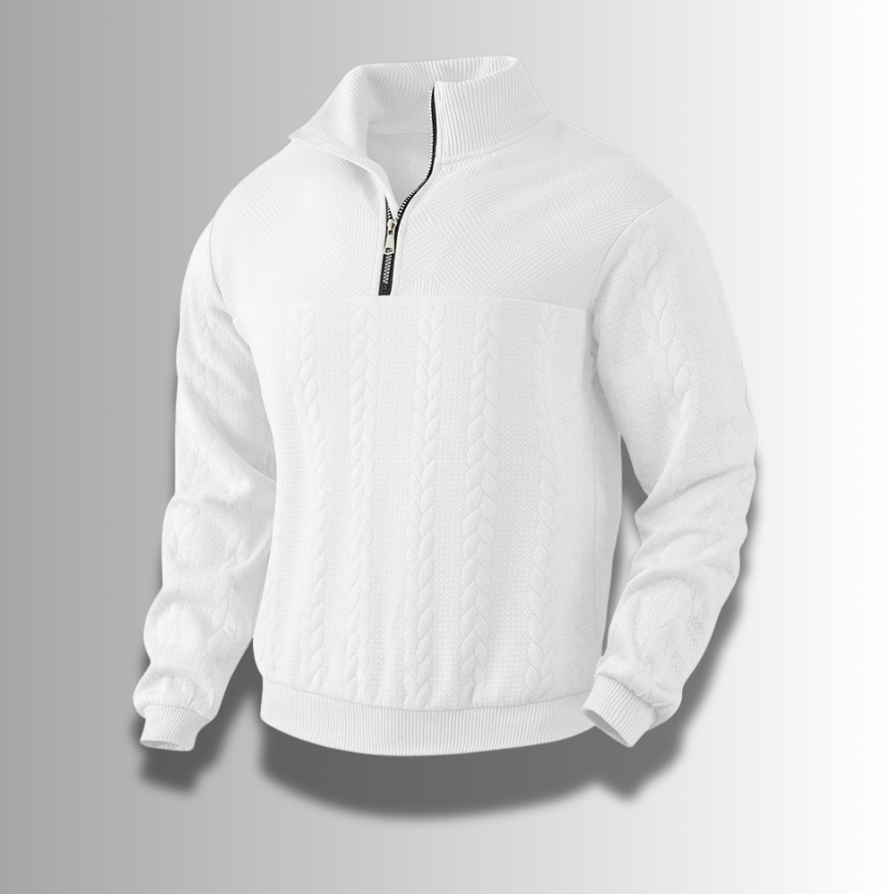 Heren trui van merinowol met ritskraag, gemakkelijk te combineren en heerlijk warm.