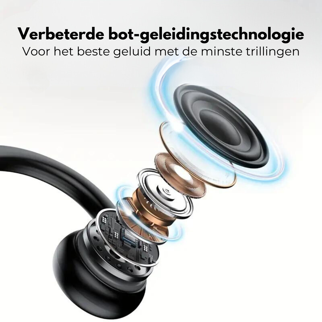 Waterdichte open-ear botgeleiding hoofdtelefoon; veilig en comfortabel voor sportactiviteiten zoals fietsen.