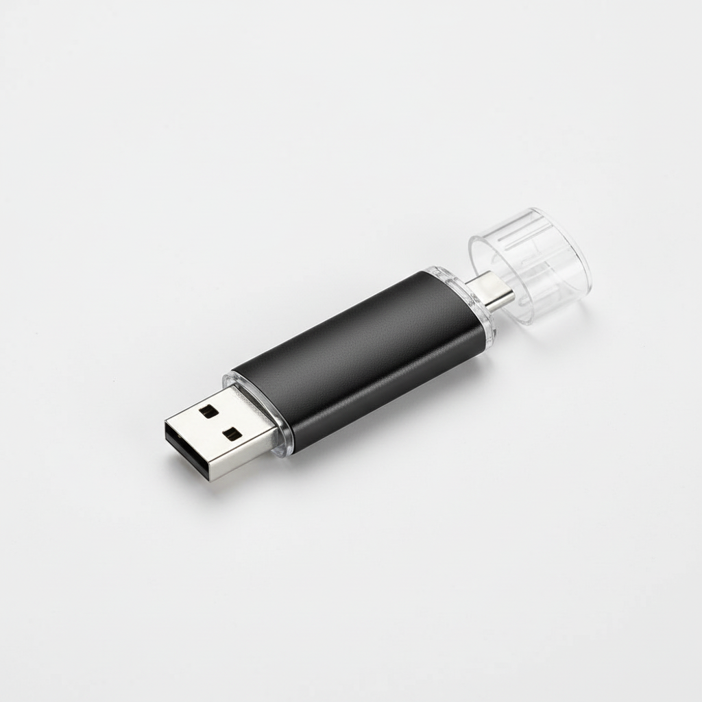 Compacte USB-stick DataVault met OTG-functionaliteit. Directe data opslag en overdracht voor mobiele apparaten.