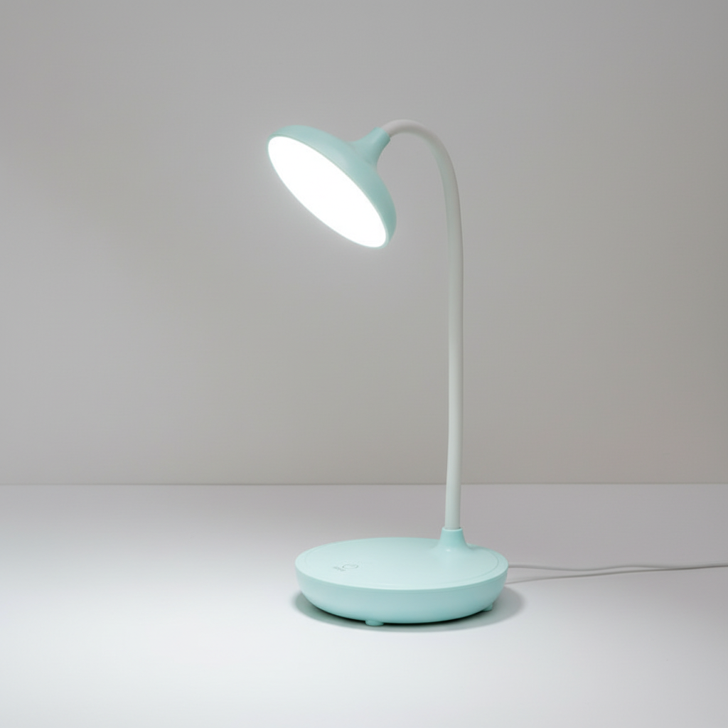 Oogvriendelijke LED studielamp met koudwit licht en flexibele nek. USB-oplaadbaar voor comfortabel werken.