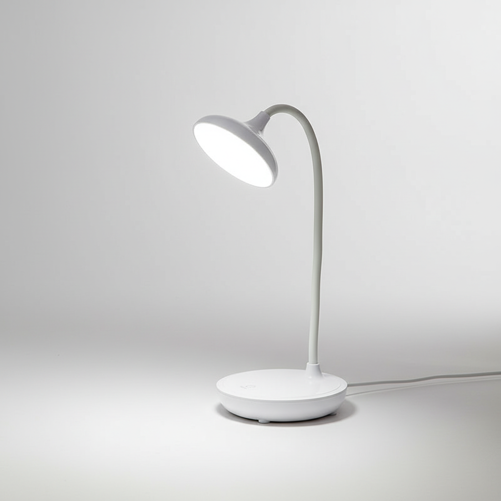 Compacte LED bureaulamp met flexibele hals, draadloos en USB-oplaadbaar. Wit licht voor optimale concentratie.
