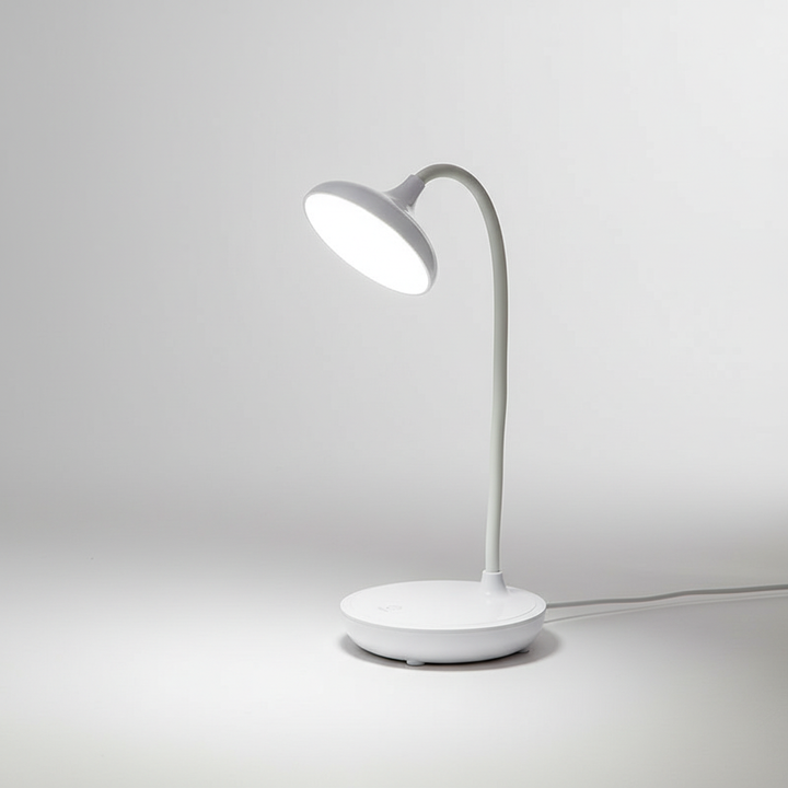 Compacte LED bureaulamp met flexibele hals, draadloos en USB-oplaadbaar. Wit licht voor optimale concentratie.