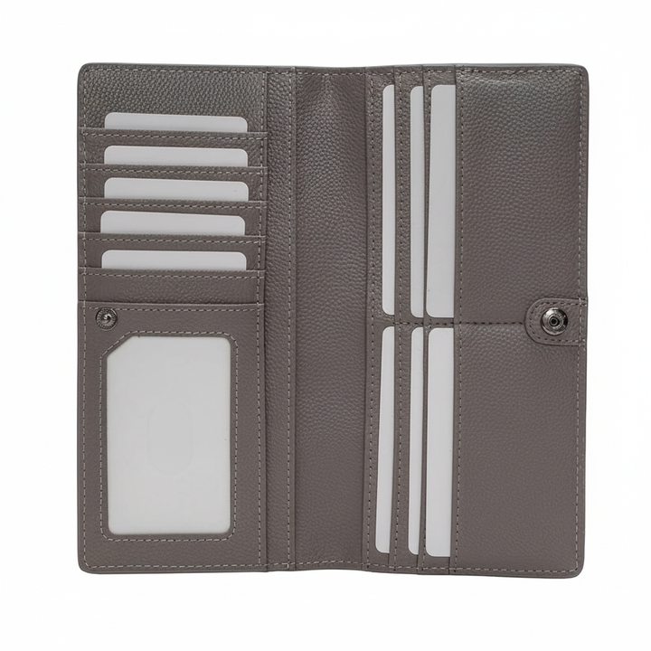 Slanke leren portemonnee. Ruimte voor meerdere pasjes en briefgeld, toch compact.