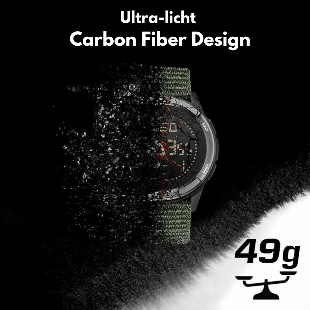 Duurzaam unisex carbon fiber horloge, lichtgewicht en hypoallergeen, perfect als avontuur en outdoor horloge.