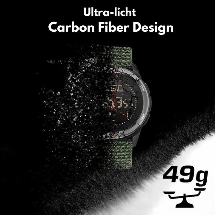 Duurzaam unisex carbon fiber horloge, lichtgewicht en hypoallergeen, perfect als avontuur en outdoor horloge.