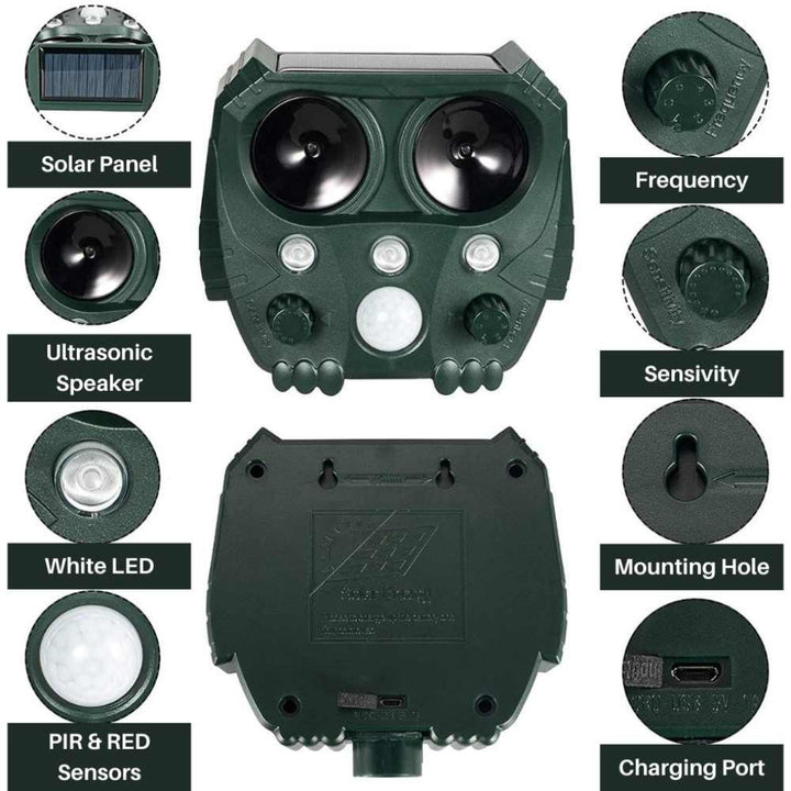 Compacte solar ultrasone dierenafweer; discrete tuinbescherming tegen katten, honden en ander ongedierte.