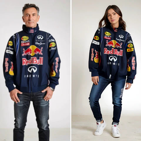 Donkerblauwe unisex racingjas met oversized pasvorm, hoge kraag, rits, ideaal voor sportieve outfit.