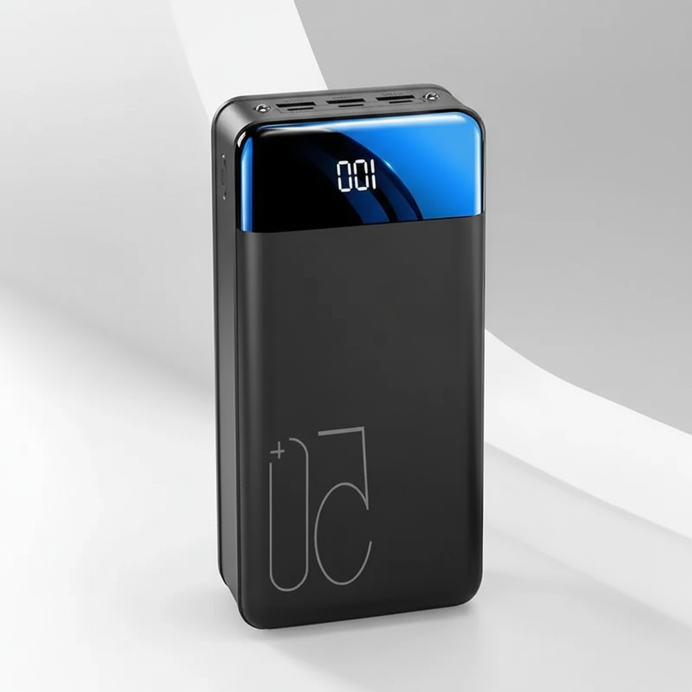 VoltHaven universele powerbank met meerdere uitgangen; laadt gelijktijdig diverse mobiele apparaten op.