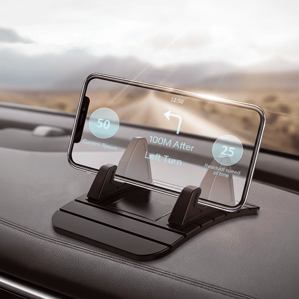 Universele telefoonhouder voor auto en bureau met antislip basis, ideaal voor handsfree bellen en navigeren.
