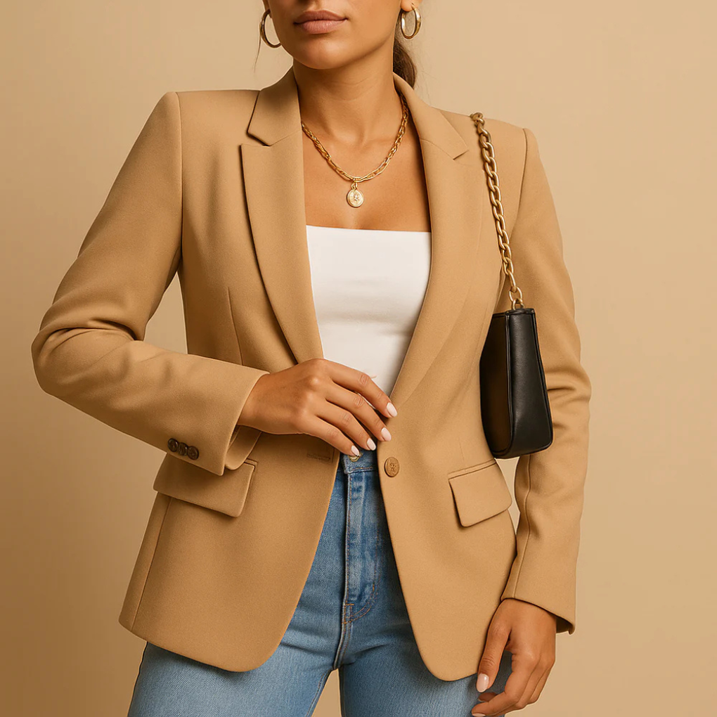 Modieuze getailleerde damesblazer met flatterende pasvorm, essentieel voor een elegante zakelijke look.