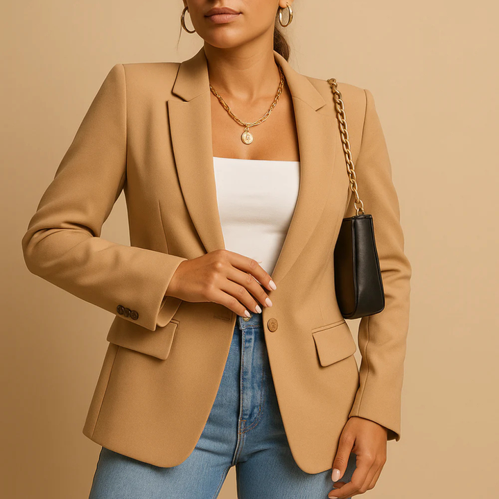 Modieuze getailleerde damesblazer met flatterende pasvorm, essentieel voor een elegante zakelijke look.