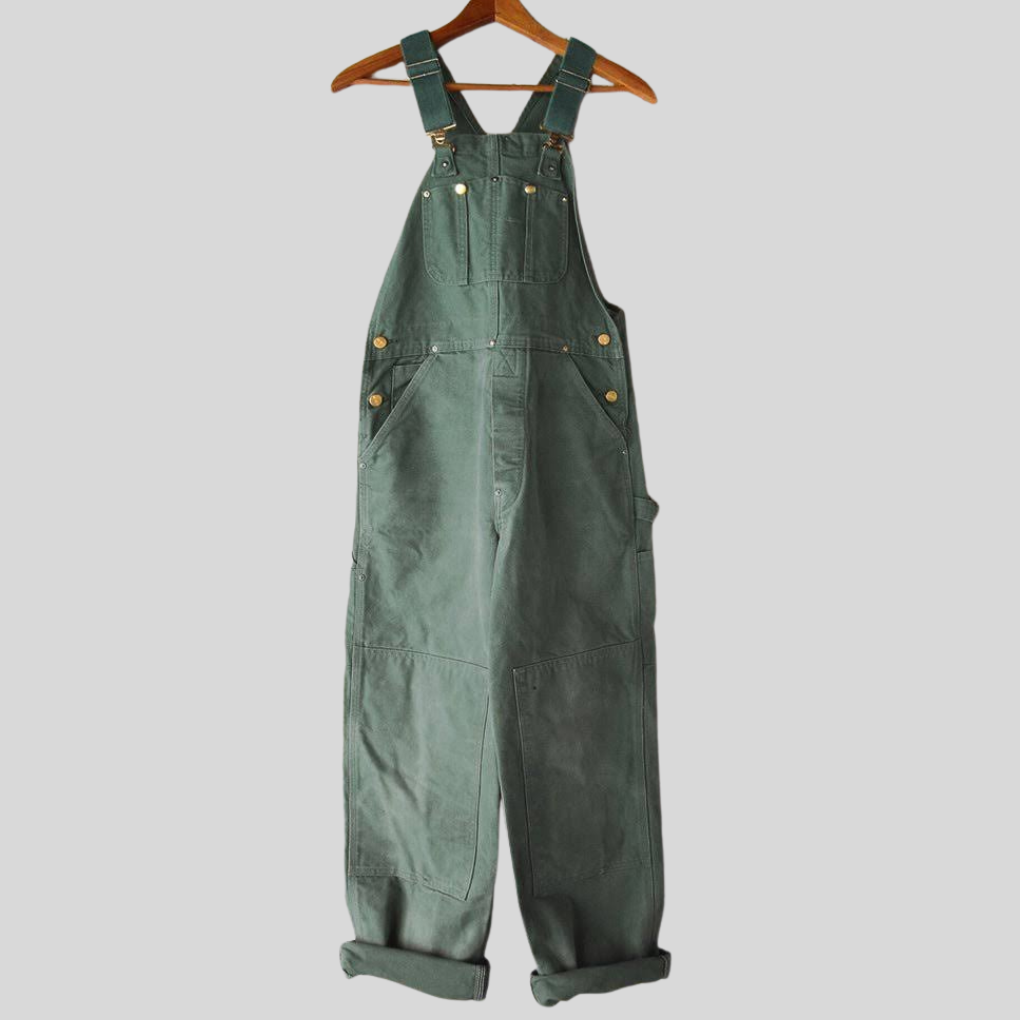 Stijlvolle dames retro tuinbroek in oranje of groen. Comfortabele loose fit dungarees, perfect voor een casual look.