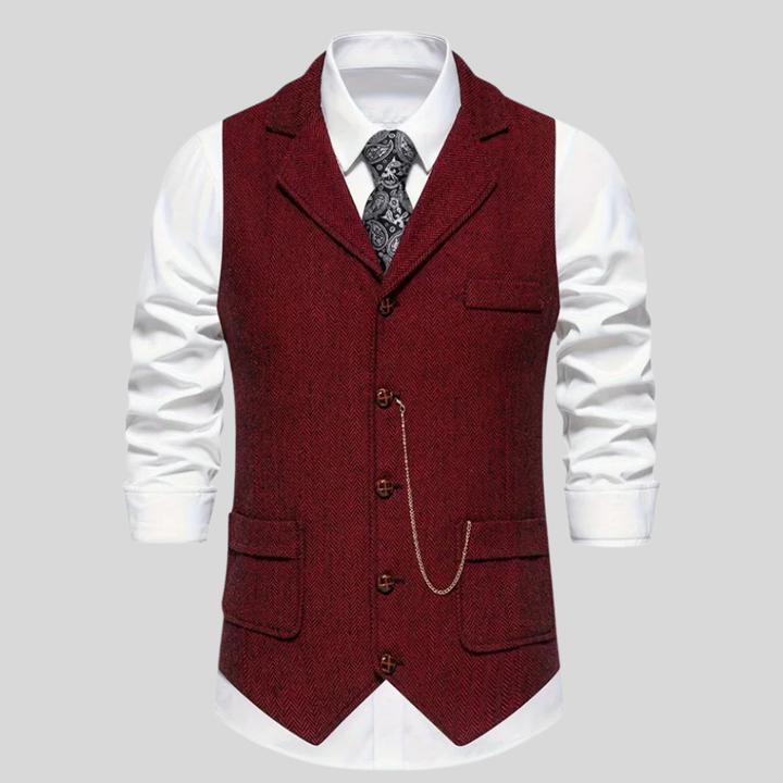 Elegant heren vest met visgraatpatroon. Dit veelzijdige wolmix vest is een tijdloze aanvulling op elke herencollectie.