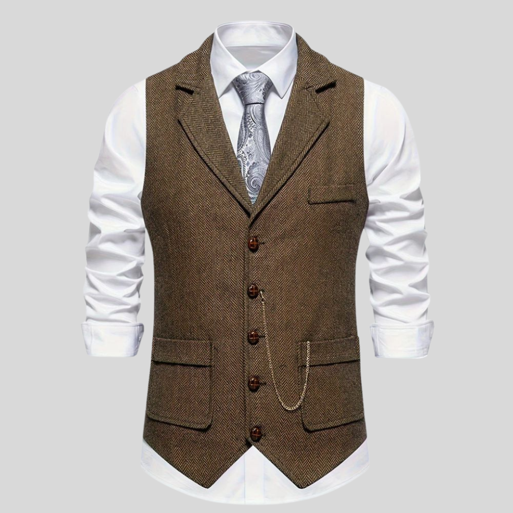 Formeel heren visgraat vest. Ideaal voor zakelijke bijeenkomsten of een elegante casual look. Tijdloze herenmode.