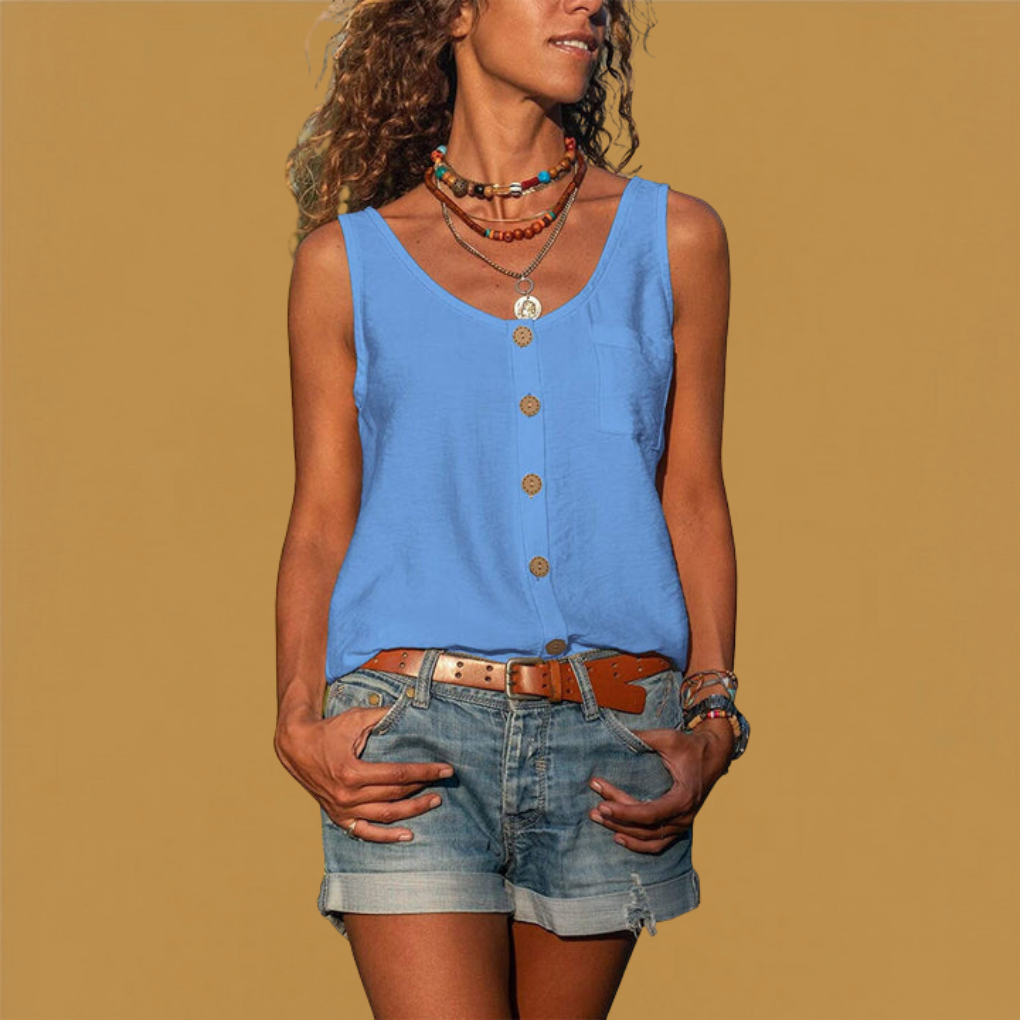 Elegant mouwloos shirt voor dames, met V-hals en knopen, geschikt voor zomerse en luchtige outfits.
