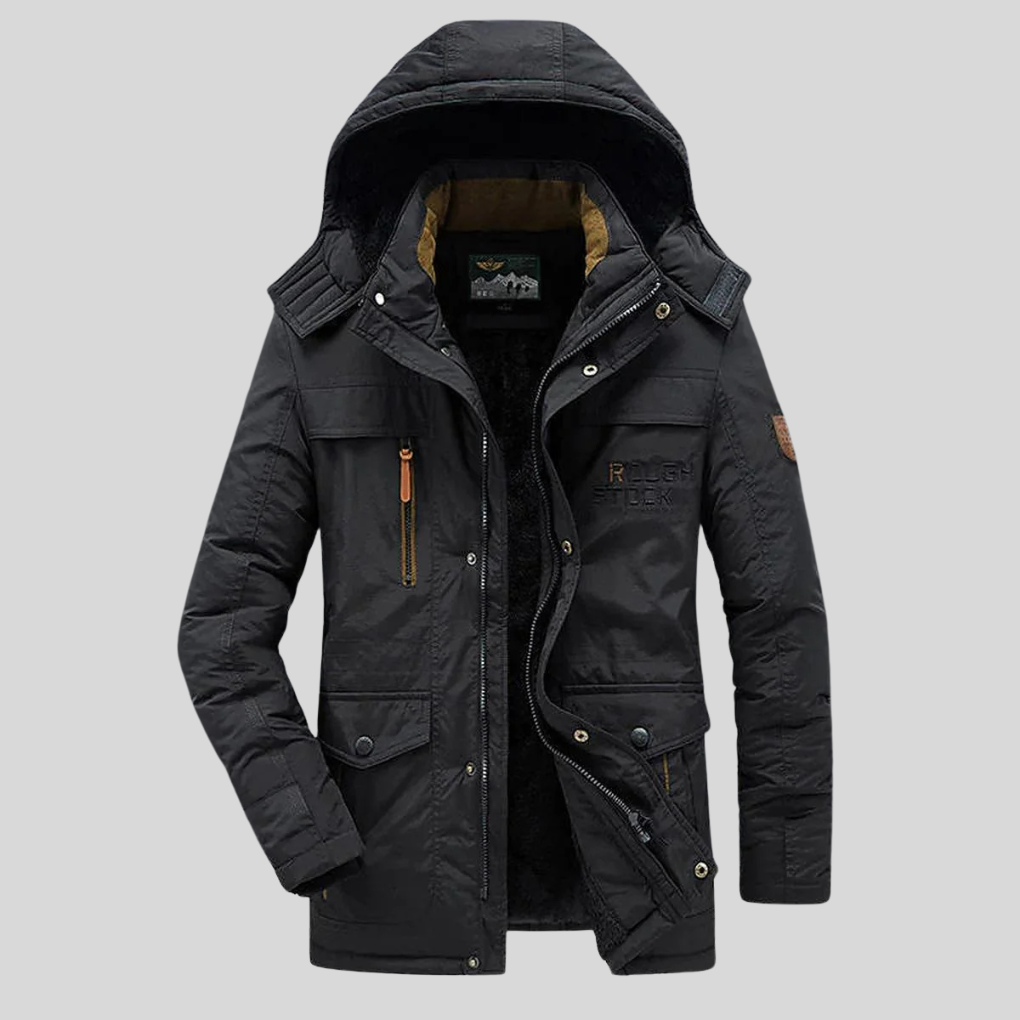 Stijlvolle heren winterparka met warme fleecevoering en luxueuze bontcapuchon, ideaal voor koud weer.