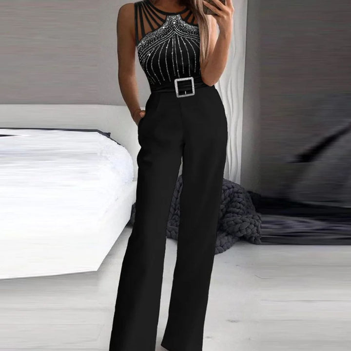 Dames pailletten jumpsuit; glamoureuze avondkleding voor een chique party. Elegante, mouwloze zwarte outfit.