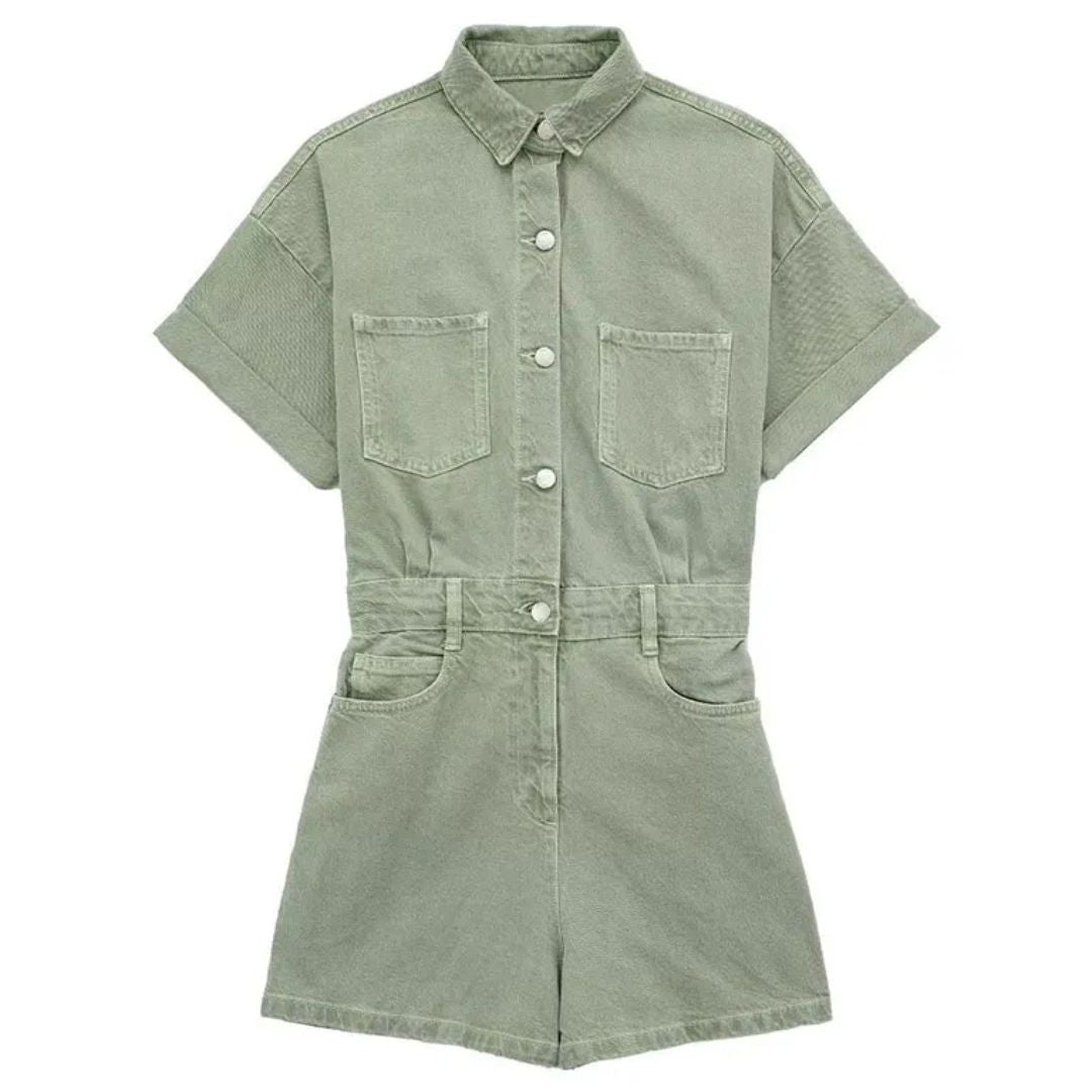 Blauwe dames slimfit playsuit met korte mouwen, perfect voor een modieuze zomerse uitstraling.