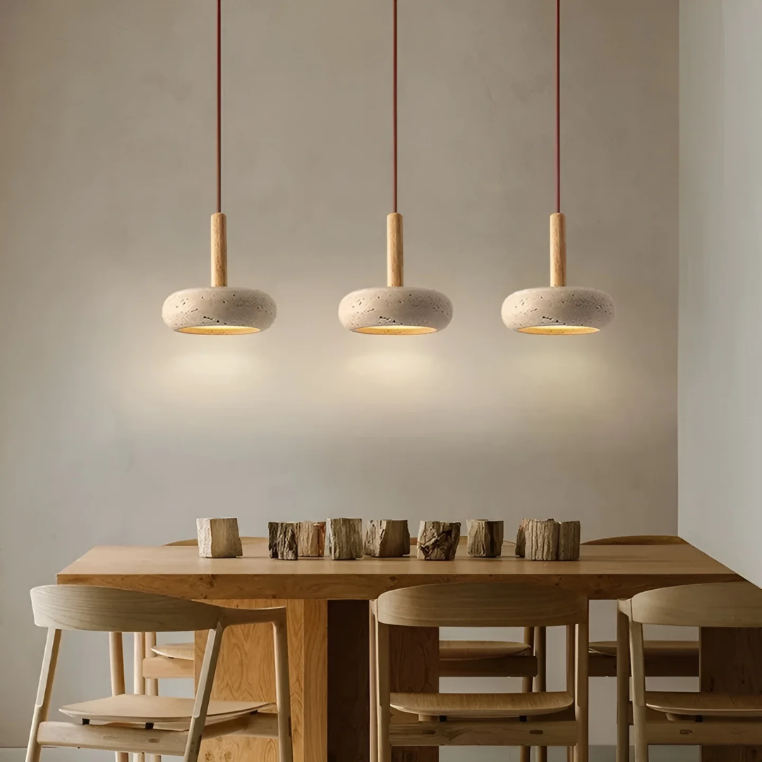 LED Japanse hanglamp, in hoogte verstelbaar, perfect voor eetkamer of woonkamer, van grotsteen & hout.
