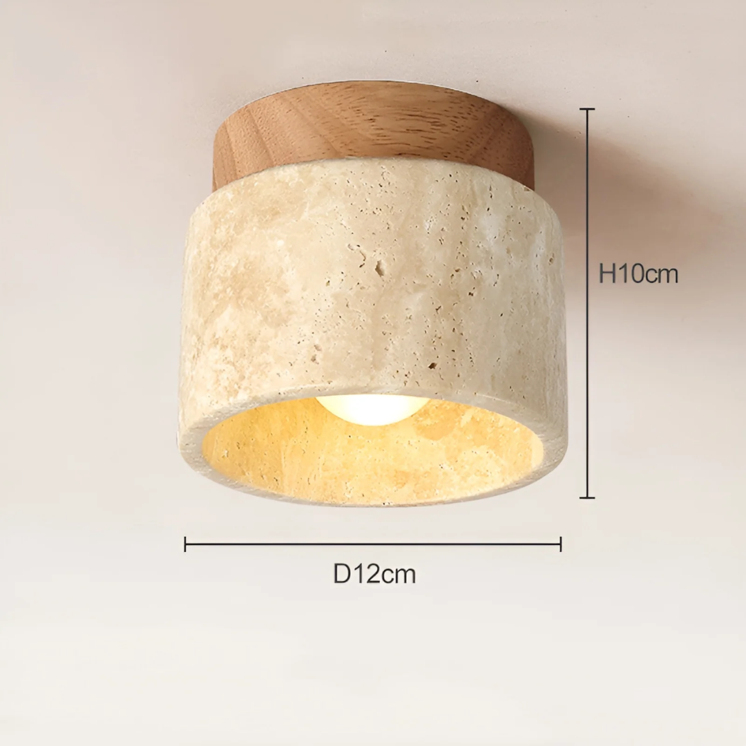 Minimalistische travertijn en hout Wabi Sabi plafondlamp. Natuurlijke Japanse sfeerverlichting slaapkamer.