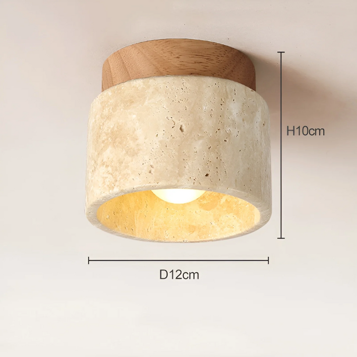 Minimalistische travertijn en hout Wabi Sabi plafondlamp. Natuurlijke Japanse sfeerverlichting slaapkamer.