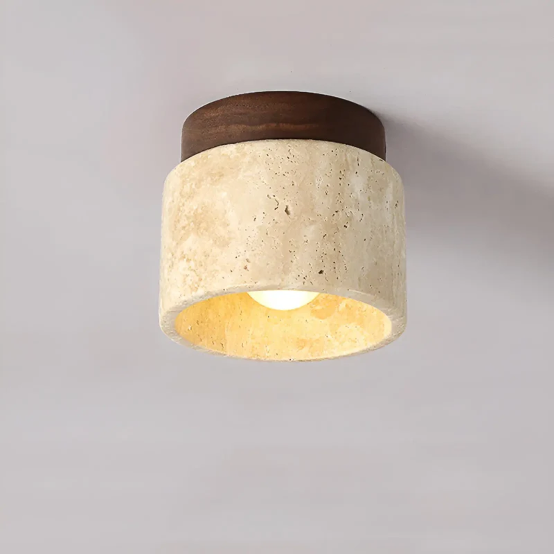 Japans geïnspireerde Wabi Sabi plafondlamp met travertijn en hout. Ideale sfeerverlichting voor woon- of slaapkamer.
