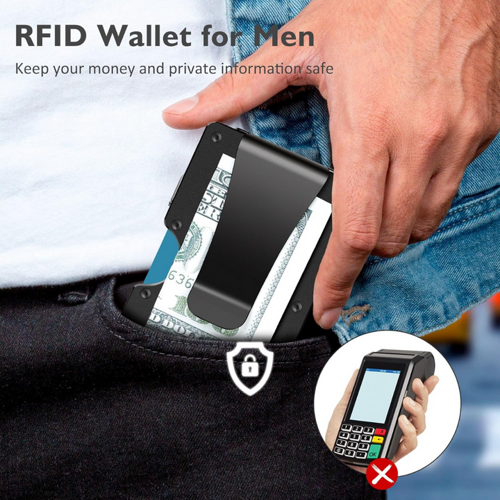 Duurzame, dunne heren portemonnee van carbon fiber met RFID-blocking en stalen geldclip. Stijlvol.