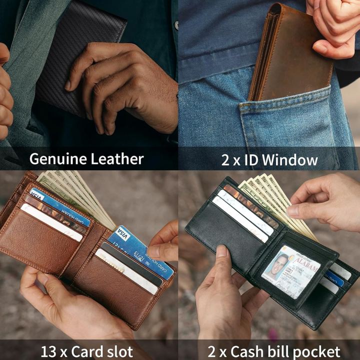 Heren bifold portemonnee met RFID, gevuld met pasjes. Slank ontwerp behoudt zijn vorm.