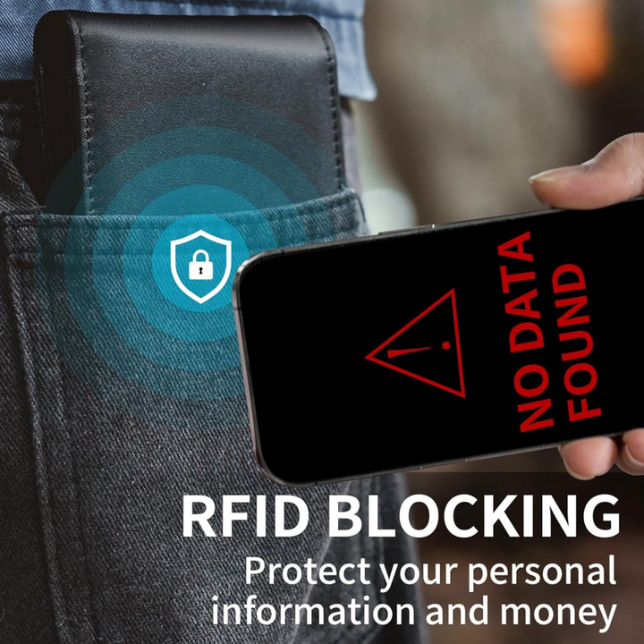 Stijlvolle schuine weergave van de heren leren bifold portemonnee met RFID-bescherming. Klassiek accessoire.