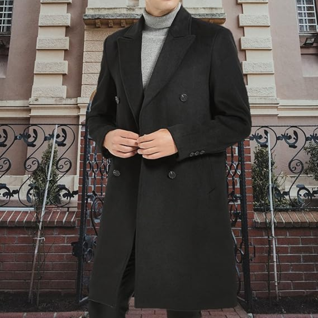 Lange grijze heren trenchcoat, warme en elegante wolblend jas, perfect voor koude winterdagen.
