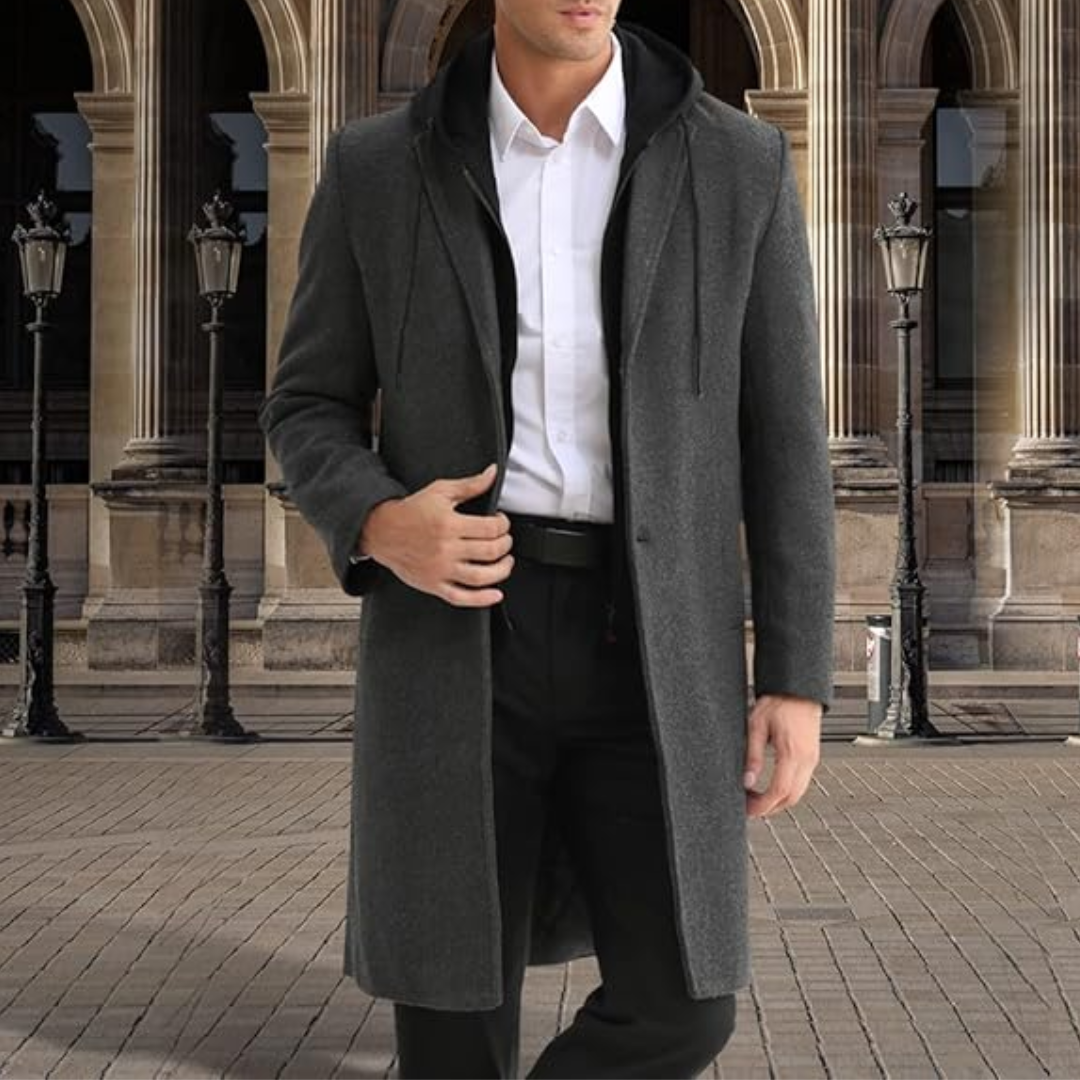 Trendy heren lange jas, de Pedro wolblend trenchcoat combineert warmte met moderne elegantie.