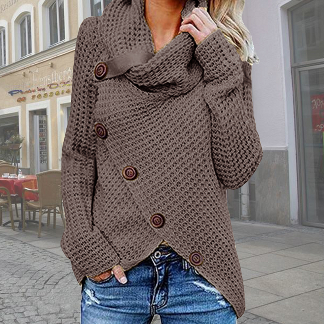 Klassieke oversized trui Hailey voor dames, met asymmetrische details en warme turtleneck. Stijlvol en comfortabel.