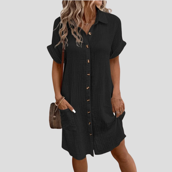Lente/zomer damesjurk: klassieke kraag blousejurk met knoopsluiting, perfect voor een dagelijkse look.