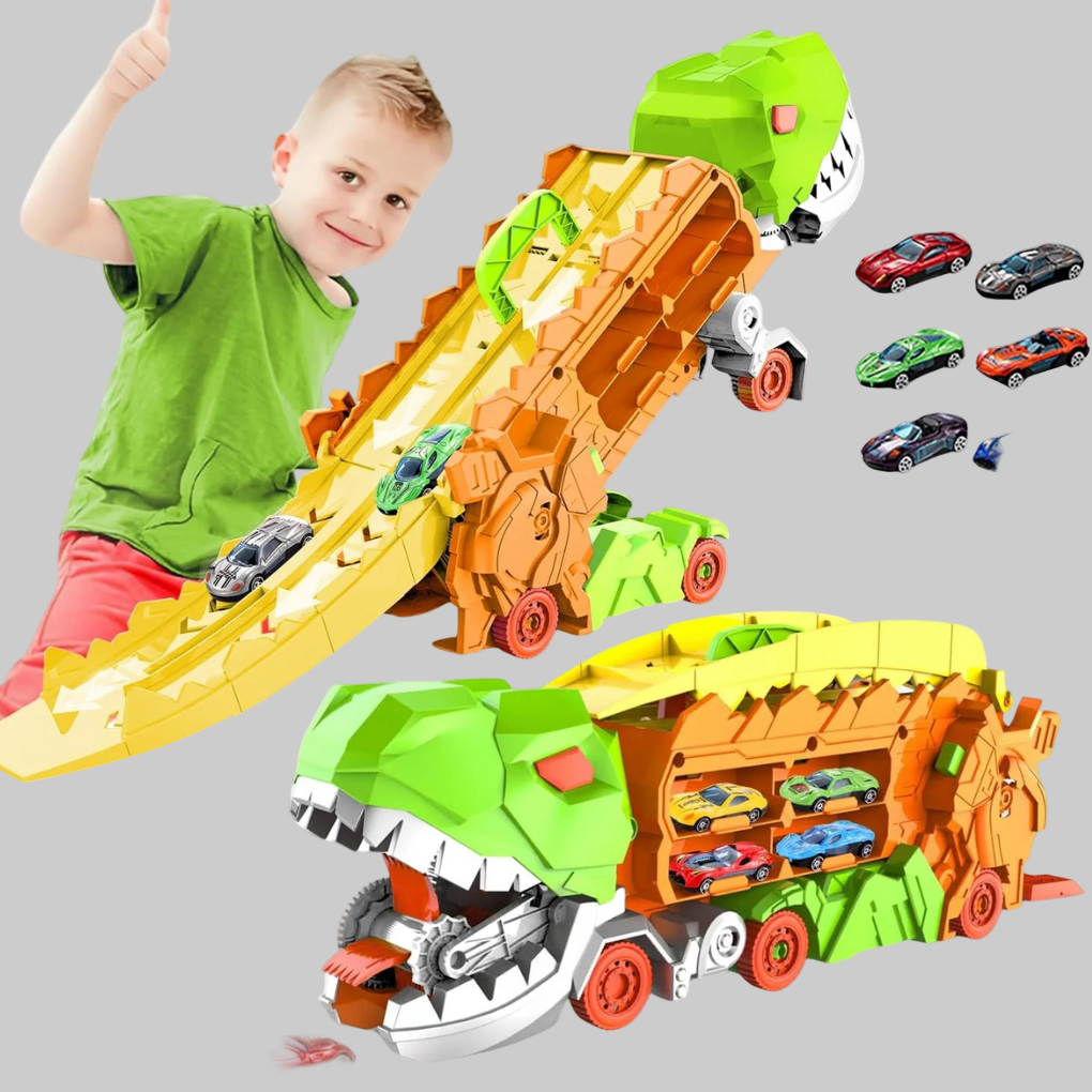 Interactieve dino vrachtwagen en racebaan speelgoed voor kinderen, stimuleert fantasie en avontuur.
