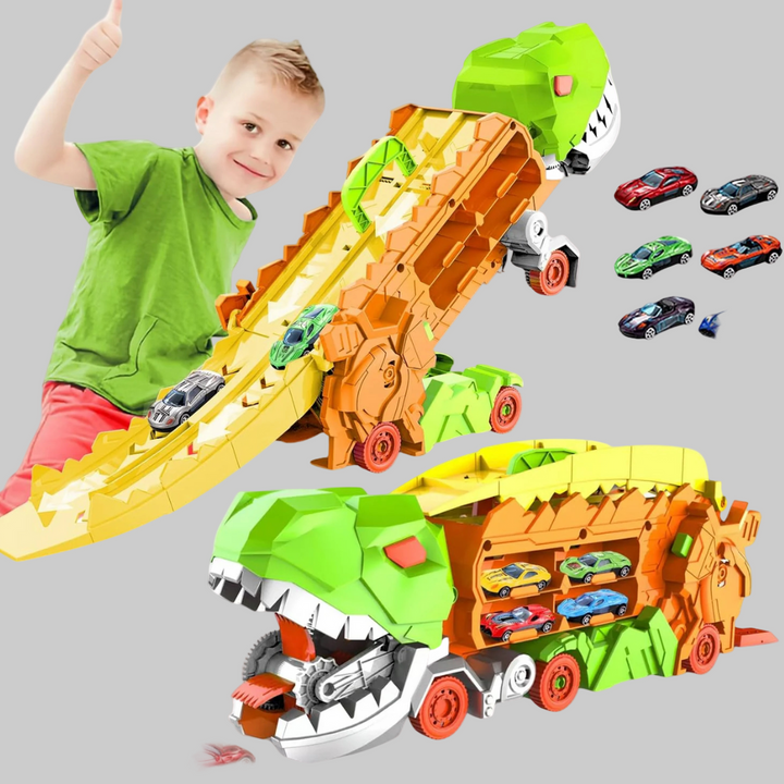 Interactieve dino vrachtwagen en racebaan speelgoed voor kinderen, stimuleert fantasie en avontuur.