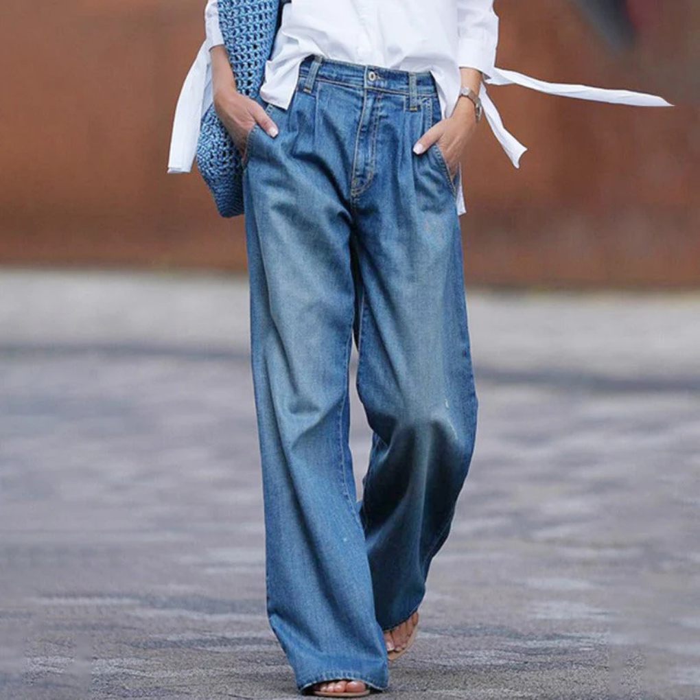 Comfortabele dames wijde jeans met hoge taille en losse pasvorm, ideaal voor een casual en modieuze look.