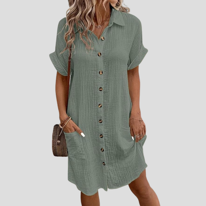 Veelzijdige damesjurk: elegante blousejurk met klassieke kraag en knoopsluiting, geschikt voor meerdere seizoenen.