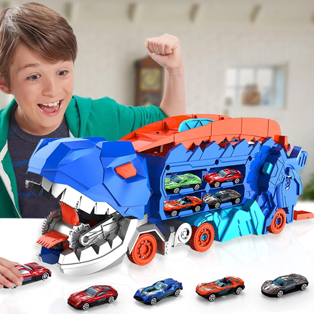 Dino Stadstransporter vrachtwagen speelgoed met geïntegreerde racebaan voor kinderen. Ideaal voor jongens en meisjes.