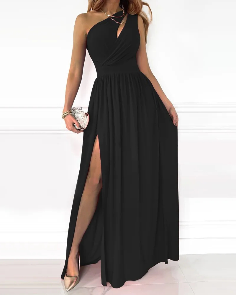 Elegante dames maxi jurk met diagonale hals en stijlvolle hollow-out details, perfect voor avonden en feesten.