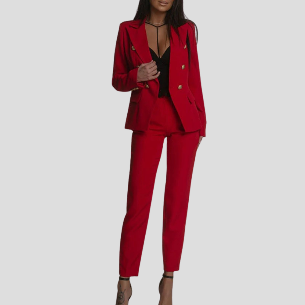 Elegant tweeledig dames broekpak met colbert en pantalon, een modern blazerset voor zomerse mode.