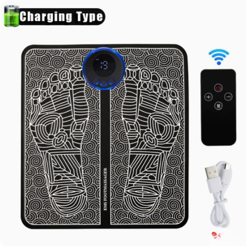 Zwarte EMS neuropathie mat voor voetmassage, stimuleert bloedsomloop en verlicht spanning in voeten.