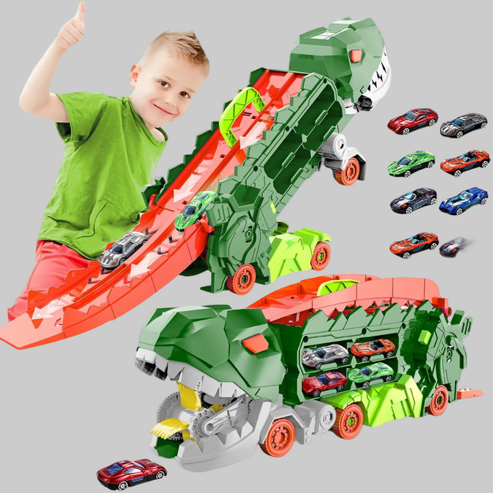 Grote dino vrachtwagen speelset met uitschuifbare racebaan en mini speelgoedauto's voor kinderen.