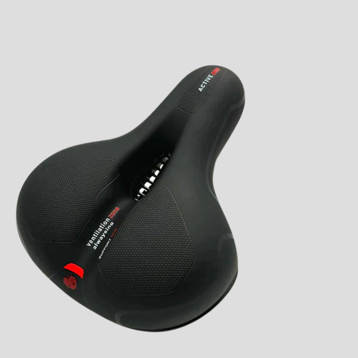 Zwart ergonomisch fietszadel met ademend design en gelvulling, voor verbeterde ventilatie en comfort.