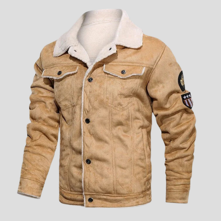 Hoogwaardig suède herenjack met biker design, warm en stijlvol voor winter en tussenseizoen.