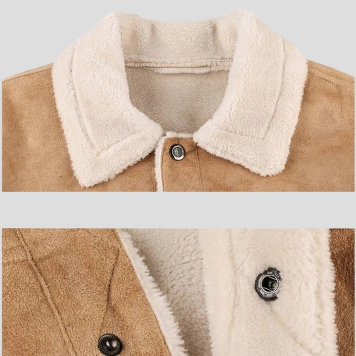 Modern suède heren bikerjack, warm door lamswol, een stijlvolle keuze voor herenkleding.