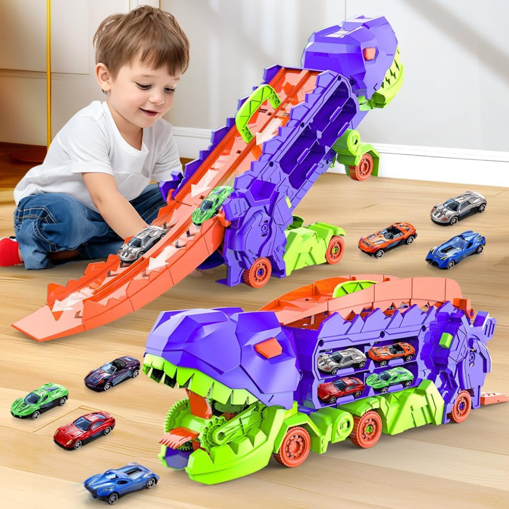 Dino vrachtwagen speelgoed transformeerbaar in racebaan, perfecte cadeautip voor jongens en meisjes.