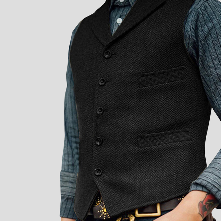 Vintage herenvest, klassiek en elegant, een tijdloze gilet van stoffenmix voor formele en casual momenten.