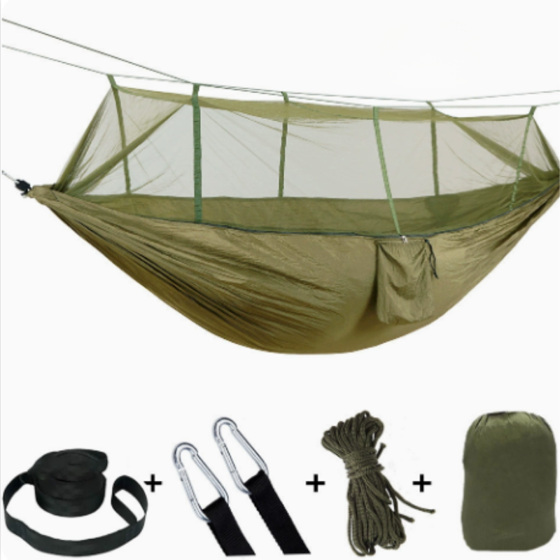 Dubbele kampeerhangmat met geïntegreerd muggennet voor 2 personen, ideaal voor comfortabel buitenleven.