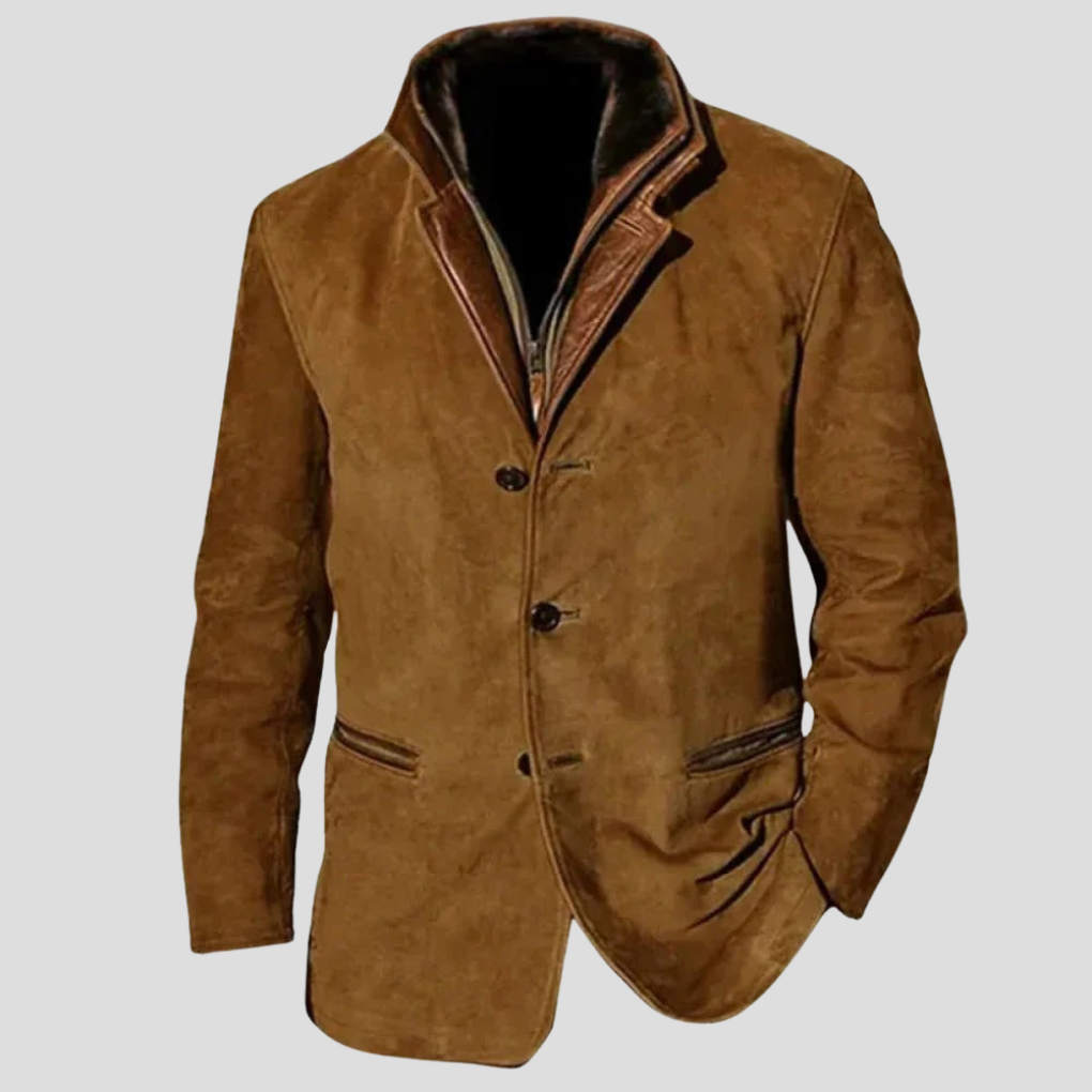 Donkerblauwe vintage herenjas, stijlvolle bovenkleding met tijdloze look en functionele details.