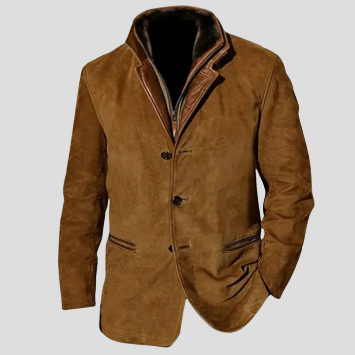 Donkerblauwe vintage herenjas, stijlvolle bovenkleding met tijdloze look en functionele details.